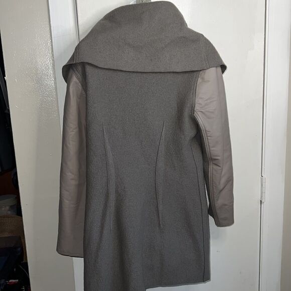ELAINE KIM Sage Green Wool and Leather Shawl Collar Drape Front Jacket-4 - Picture 4 of 10